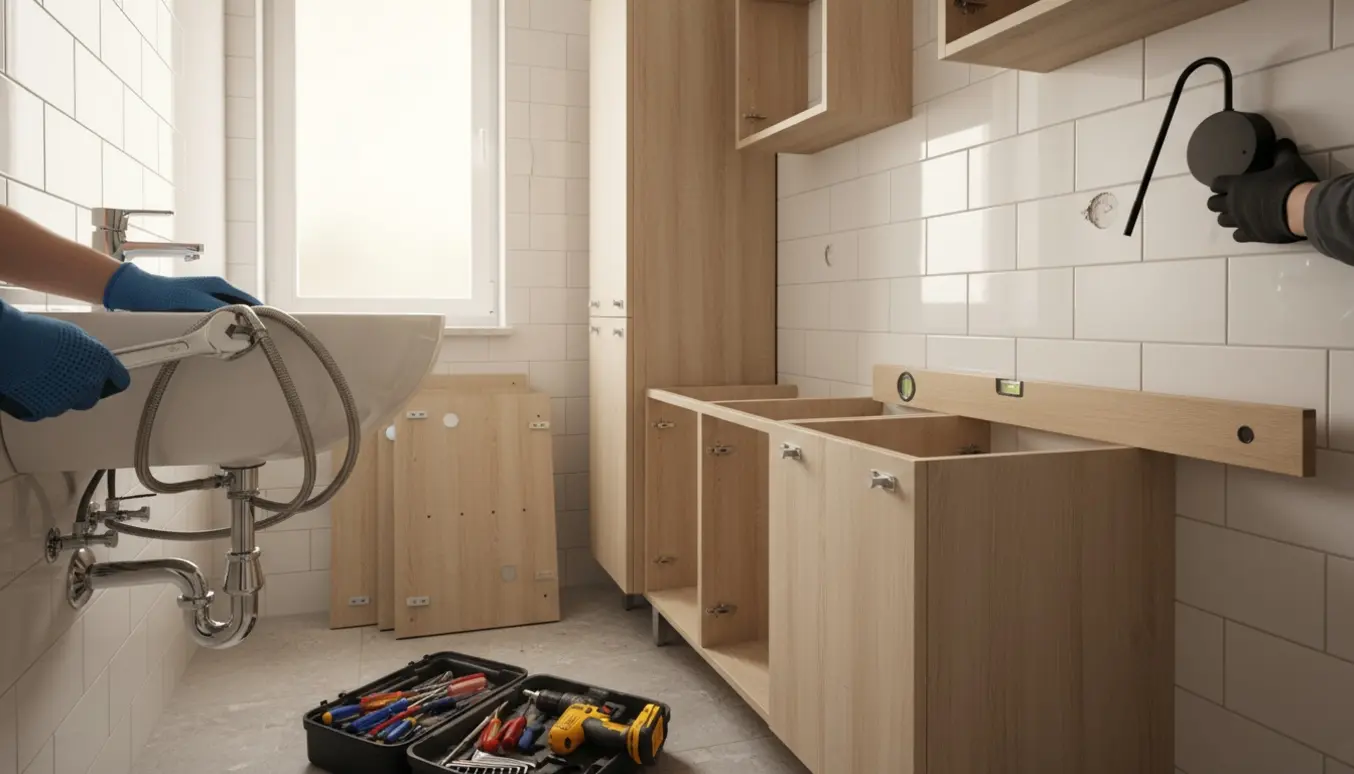 Hænder installerer en ny vask og monterer IKEA-møbler og væglamper i et lyst badeværelse.