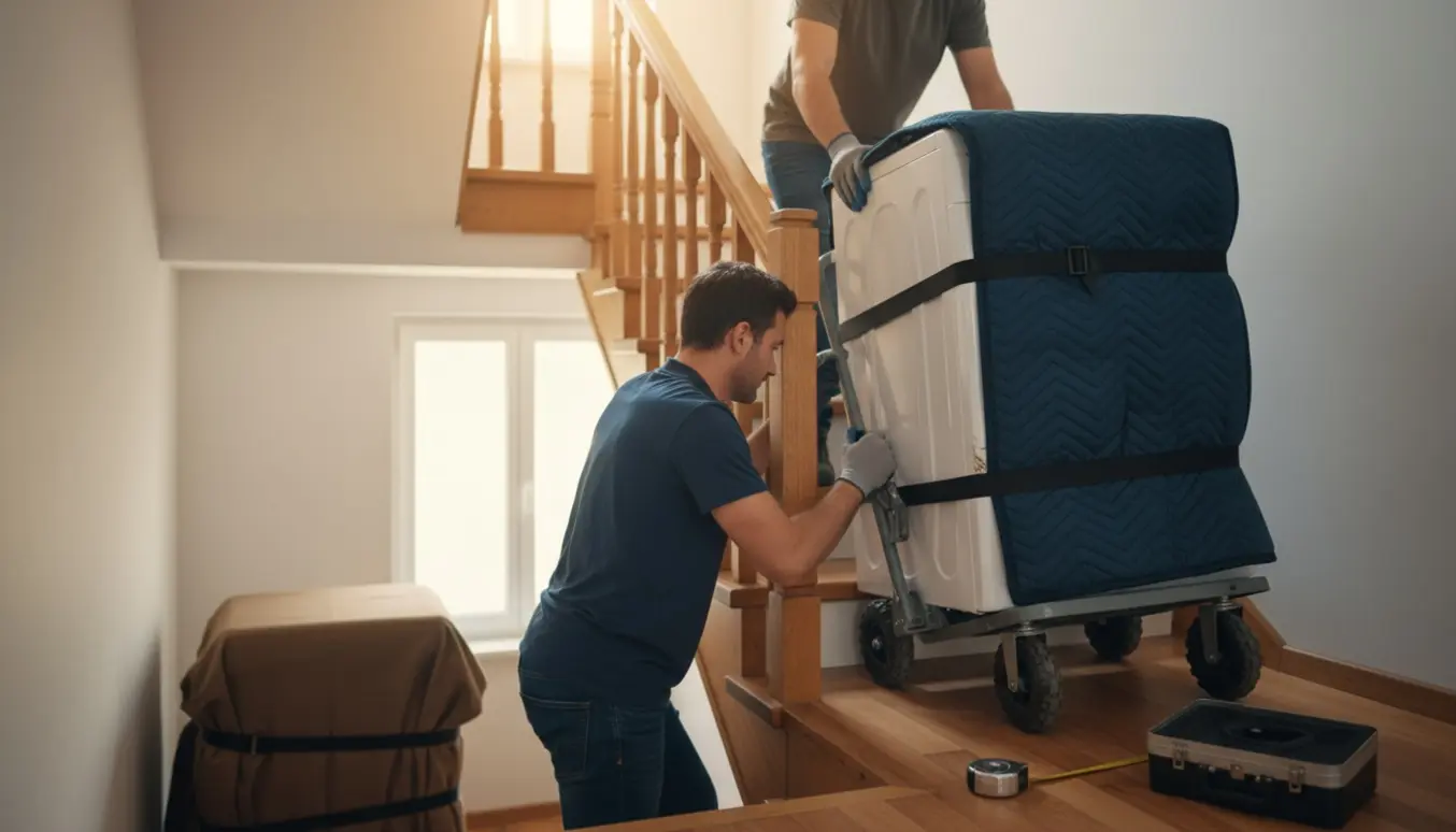 To flyttemænd løfter en vaskemaskine op ad en smal trappe med sækkevogn og polstrede tæpper.