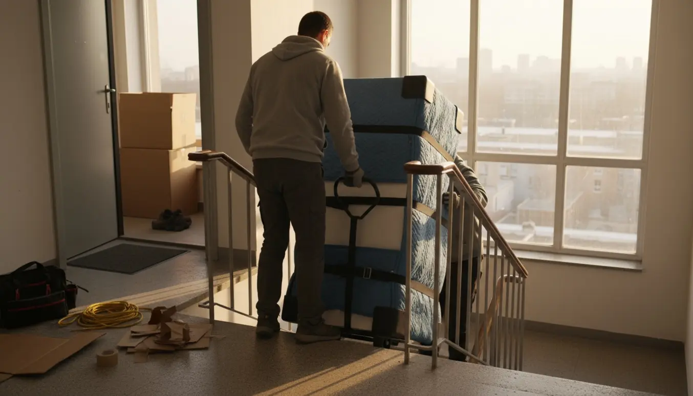 To flyttemænd bærer et gammelt køle-/fryseskab ned ad en opgang i aftenslys klar til bortskaffelse.