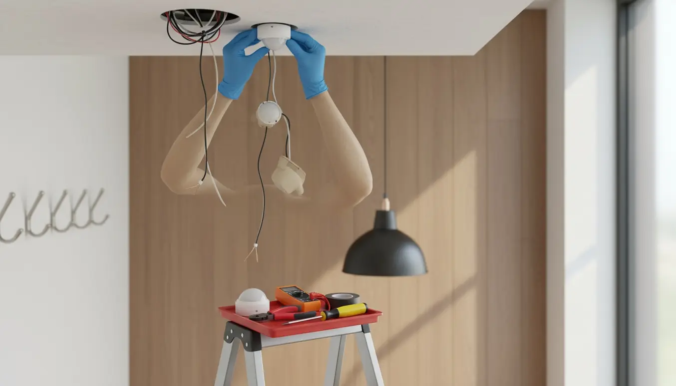 En tekniker monterer en ny lyssensor i loftet i en entré med værktøj på en stige.