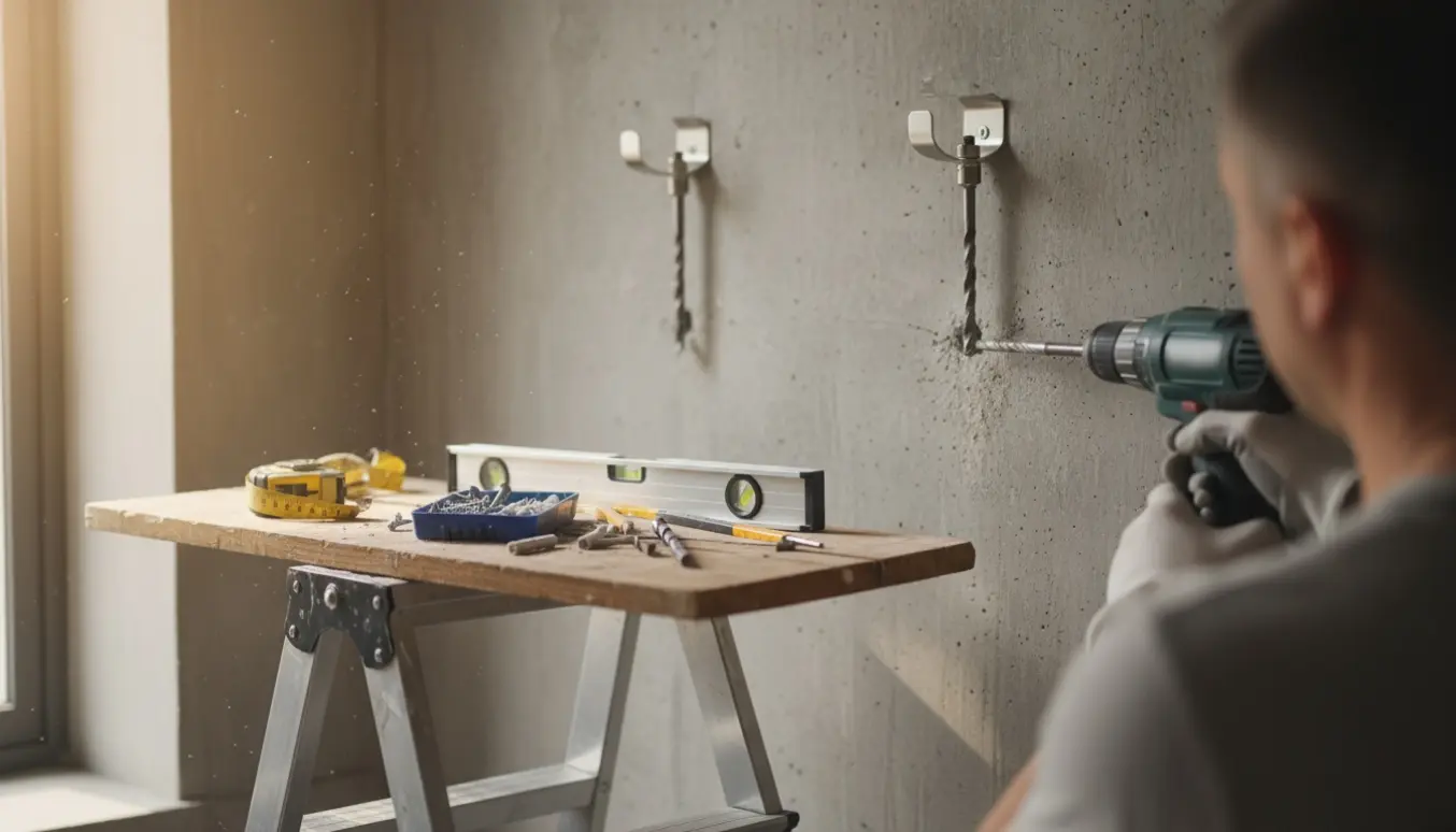 Værktøj og trappestige foran en betonvæg med monterede gardinstangbeslag og borehuller, mens en boremaskine prøver at bore de sidste huller.