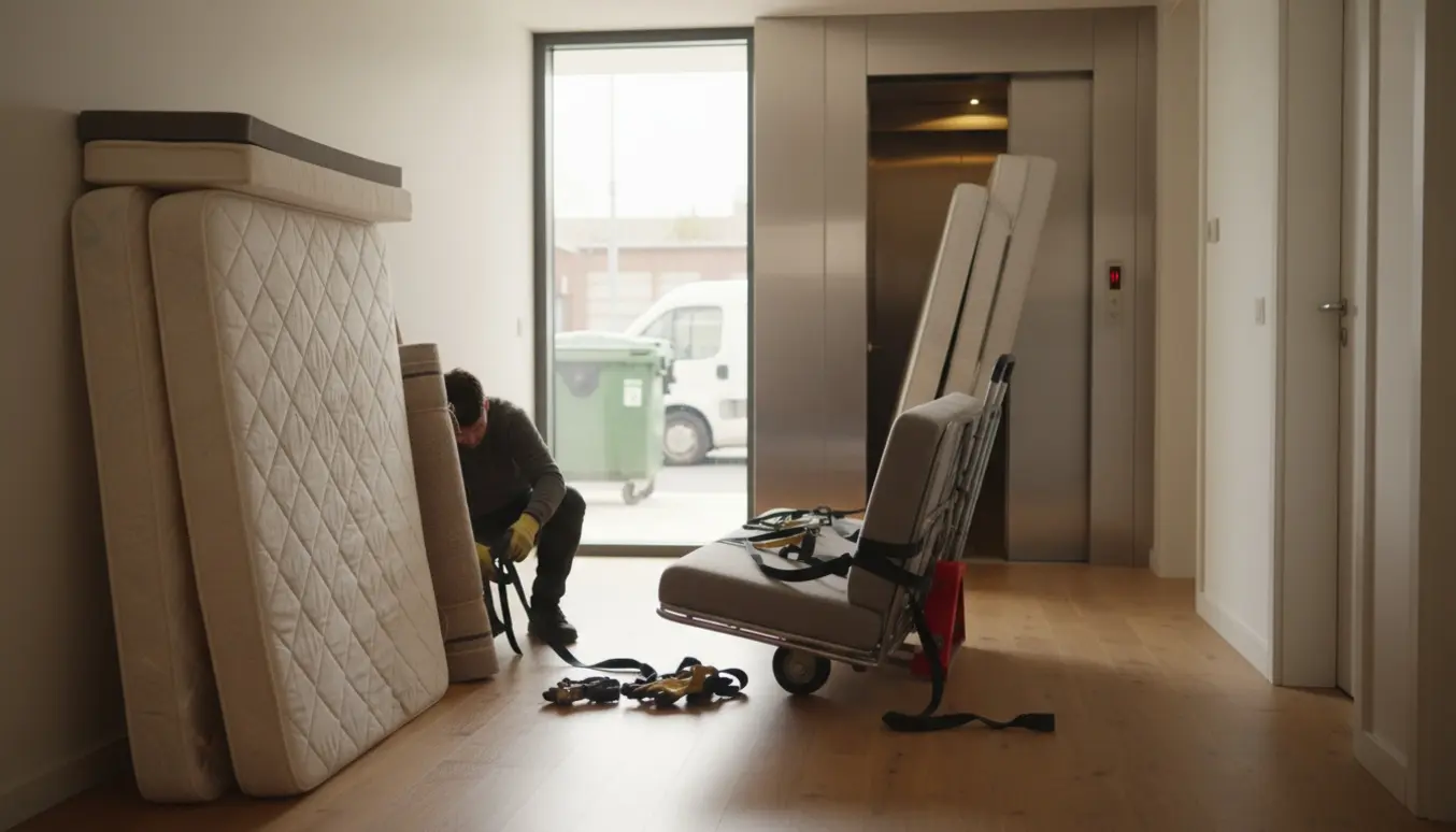 Madrasser og en skilles-sovesofa bæres ned gennem en lys opgang mod en åben elevator med en container synlig ude i baggrunden.