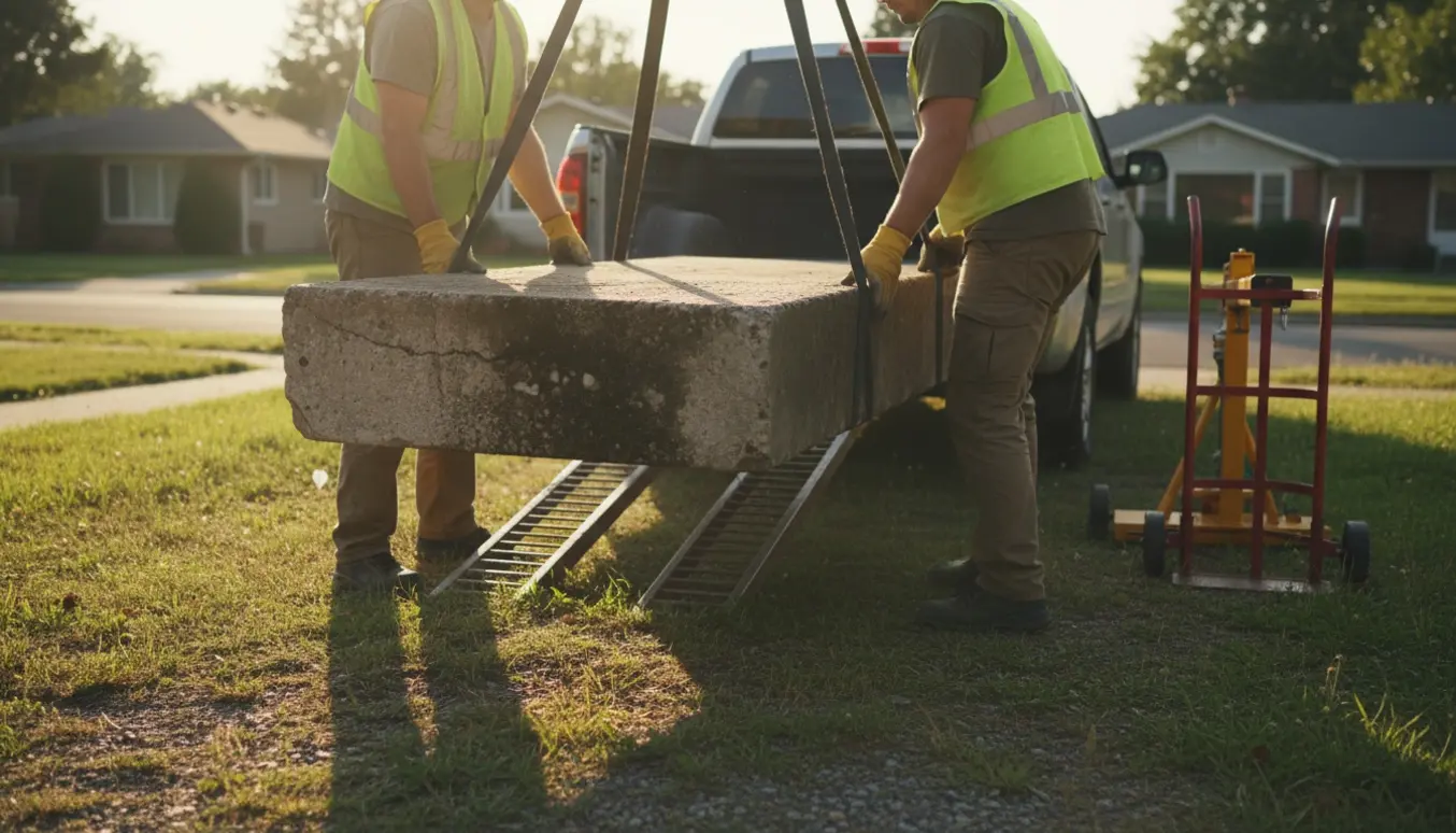 To hjælpere løfter et tungt beton dørtrin ved en udhusindkørsel og laster det op i en pickup.