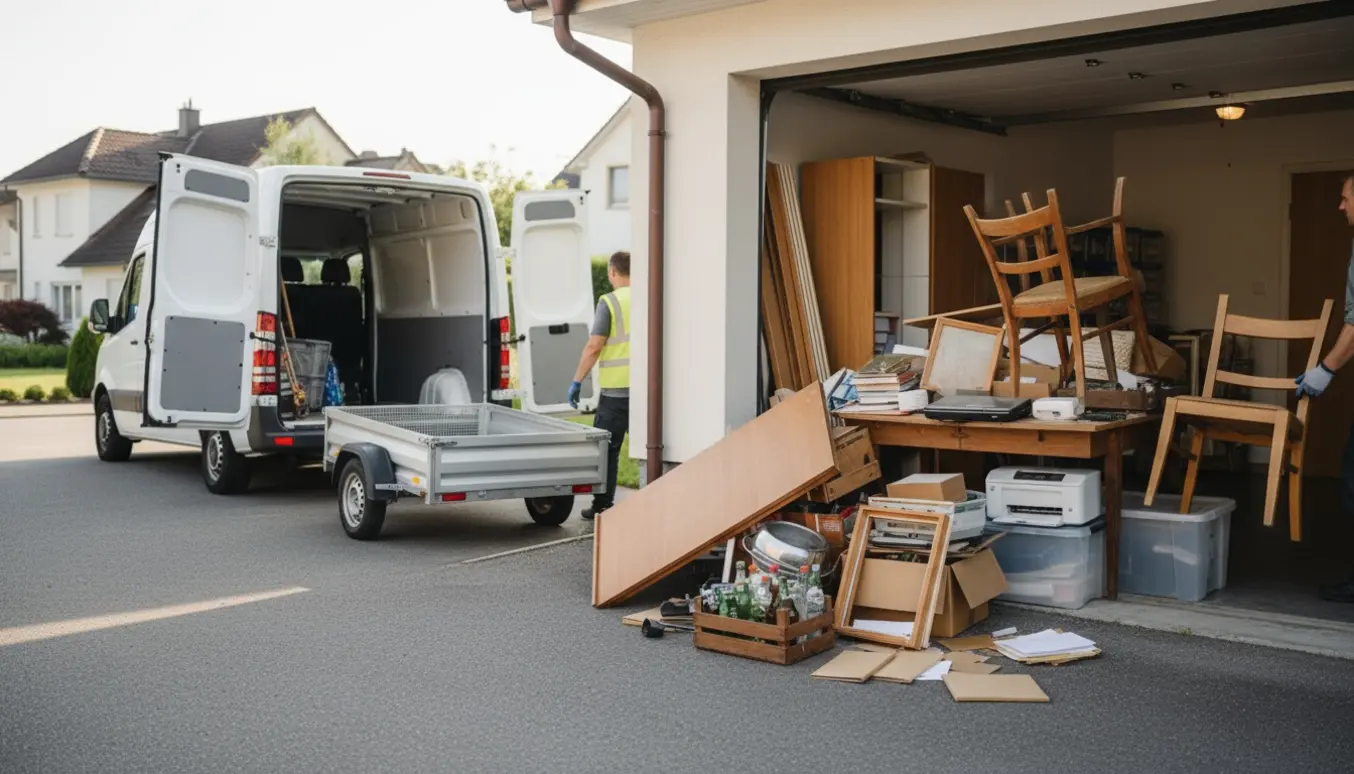 Åben garage og indkørsel med samlet fraflytningsaffald — møbler, elektronik og kasser klar til afhentning.