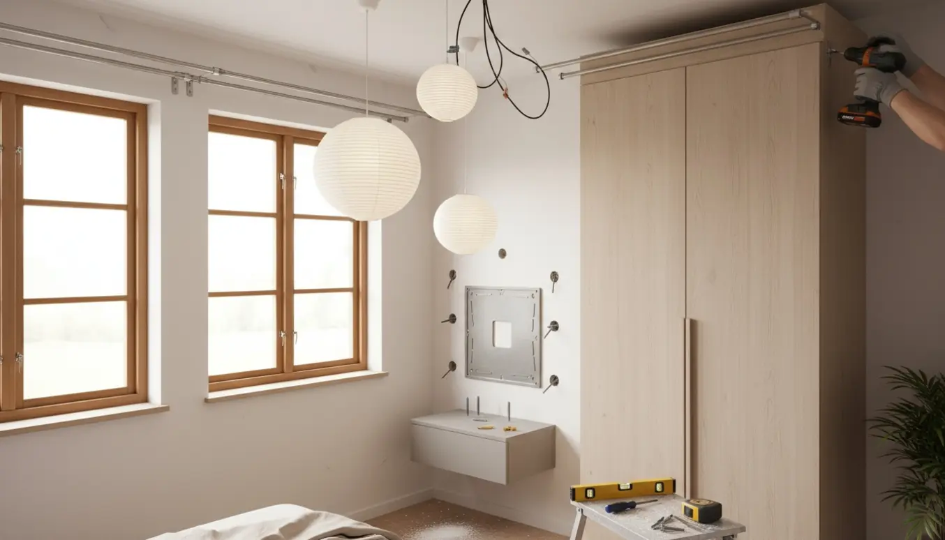 Nærbillede af ophængning af gardinstænger, rispapirslamper og montering af Montana-natbord på gipsvæg med værktøj.