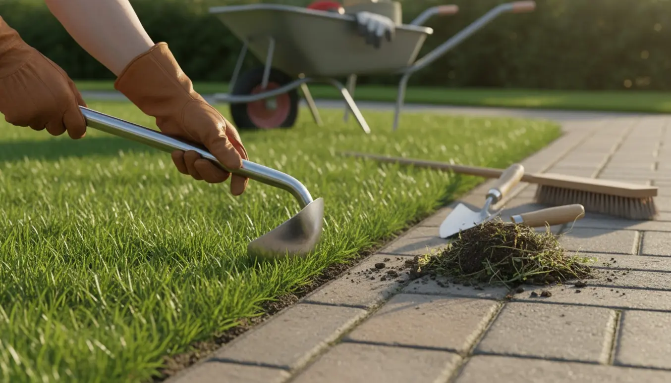 Handskerede hænder skærer en ren græskant langs en flisegang med værktøj og en lille bunke græs.