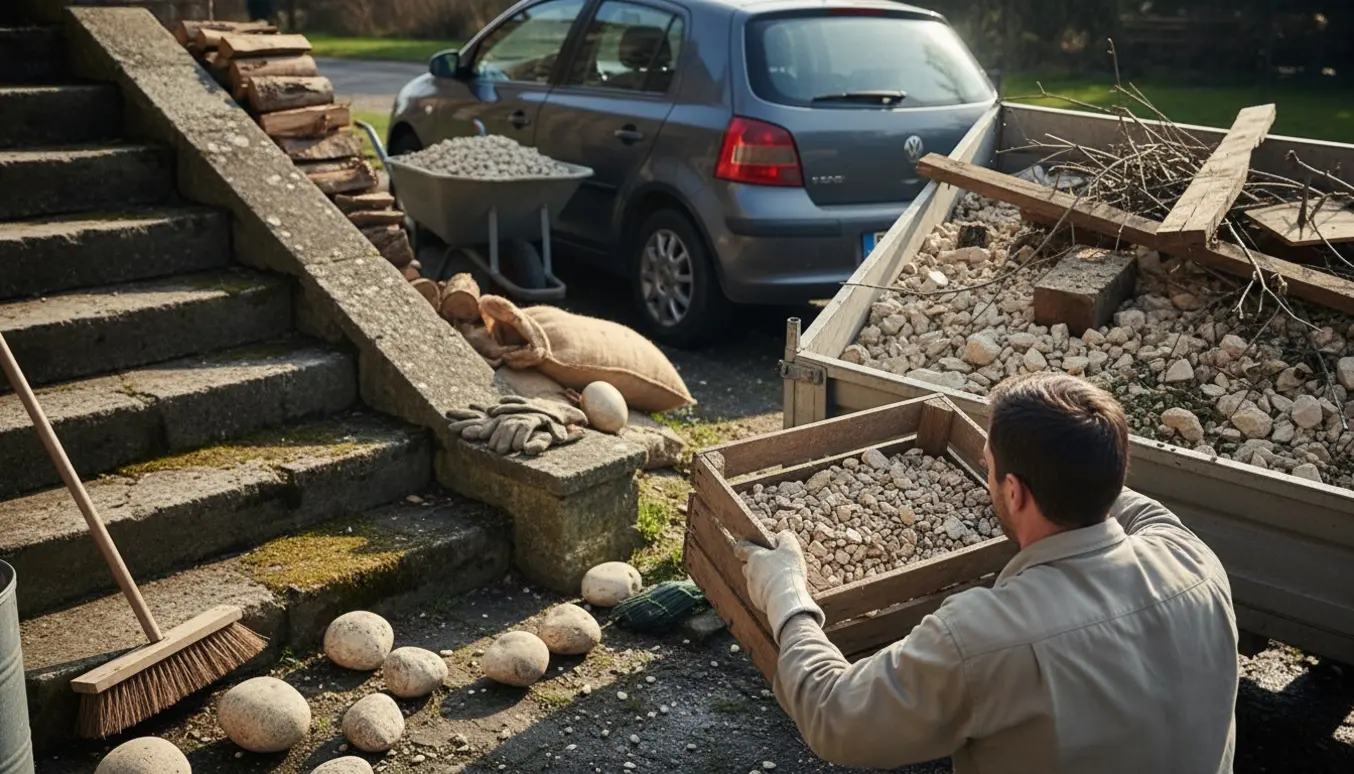 Handyman laster løse sten og træaffald på en lille trailer ved en udendørs stentrappe.