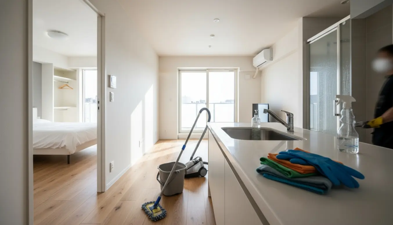 Fraflytningsrengøring i en lys lejlighed med moppe, spand og handske‑klædte hænder ved køkkenvasken.