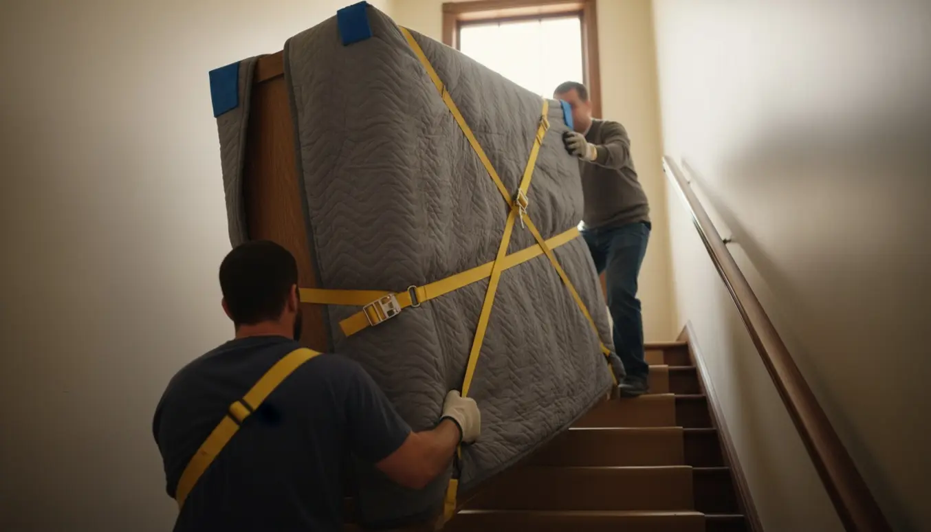 To-tre personer bærer et tungt skab op ad en smal trappe, pakket i flytteplaid og sikret med stropper.