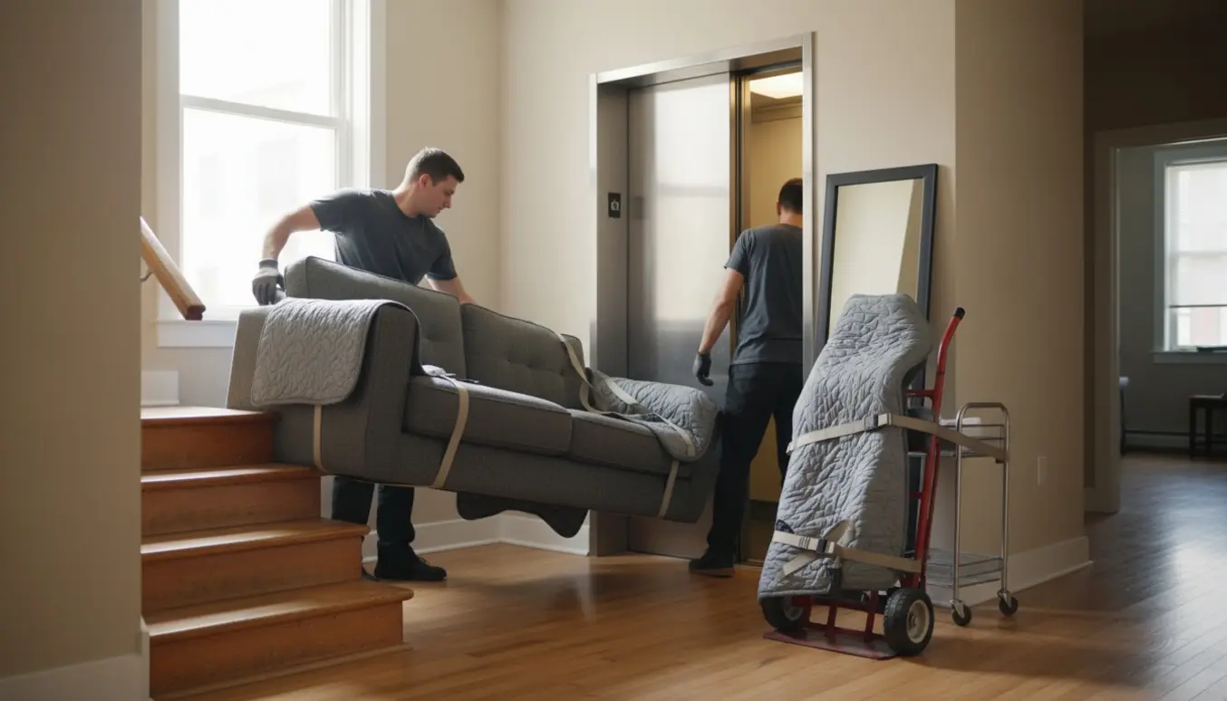 To flyttemænd bærer en sofa gennem en lys opgang med trapper og åben elevator, med et spejl og et lille rullemøbel pakket til flytning.
