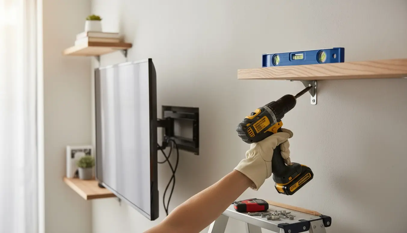 Tre væghylder monteres ved siden af et væghængt TV i en moderne stue.