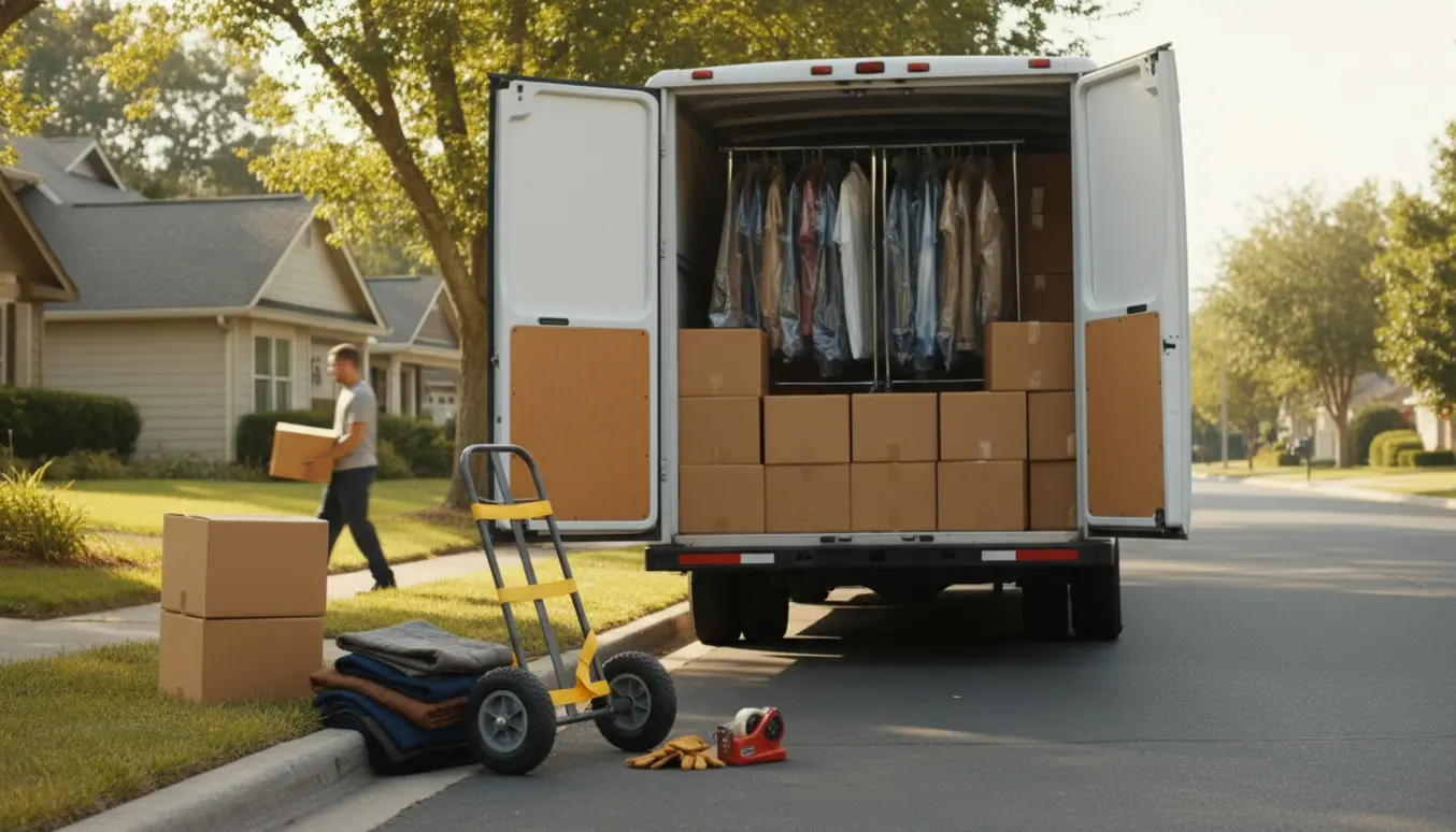 Åben flyttevogn med stabler af flyttekasser og tøjstativer klar til transport.