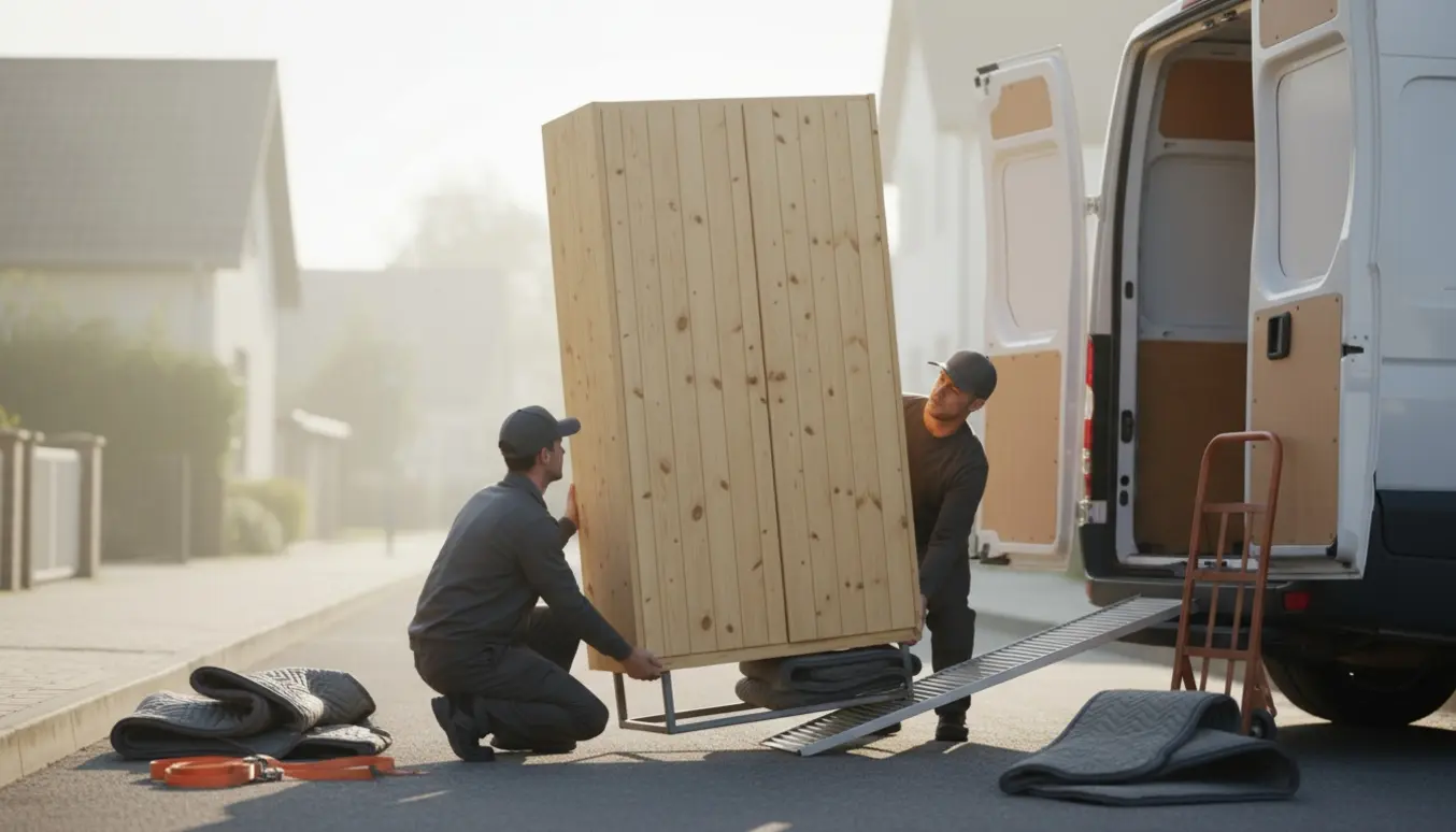 To flyttemænd læsser et lyst fyrretræsgarderobeskab ind i en åben hvid varevogn på gadeplan.