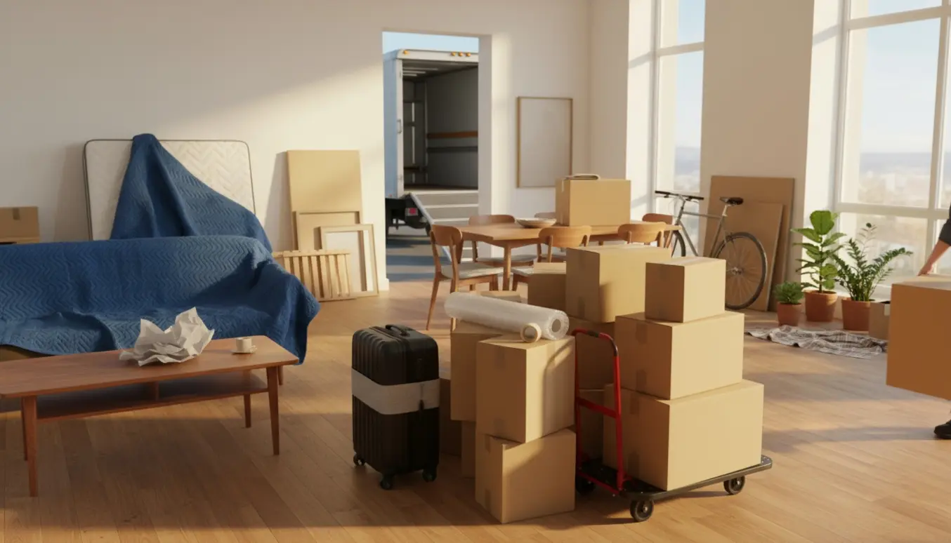 Lejlighedsrum under flytning med indpakkede møbler, stabler af flyttekasser, cykler og planter klar til udlastning.