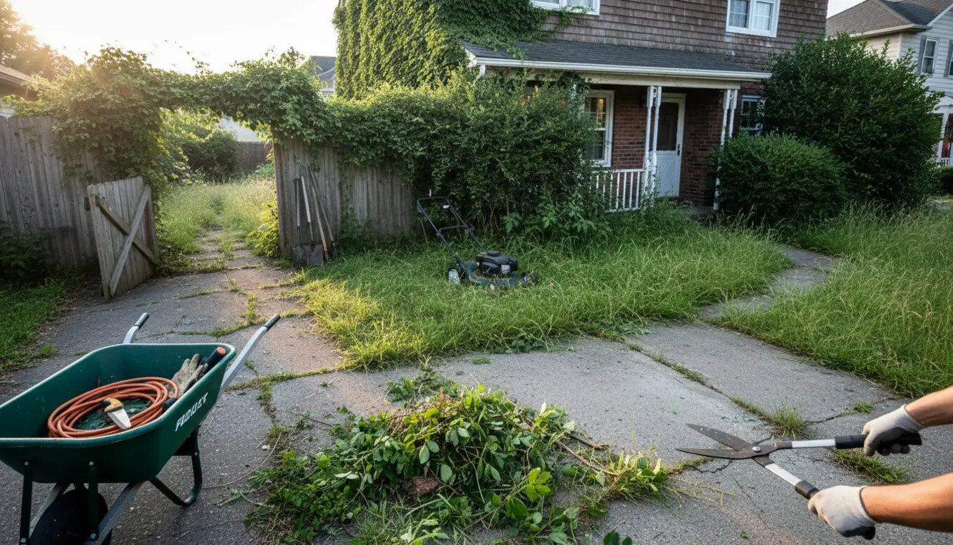 Overgroet forhave og indkørsel med haveredskaber klar til oprydning.