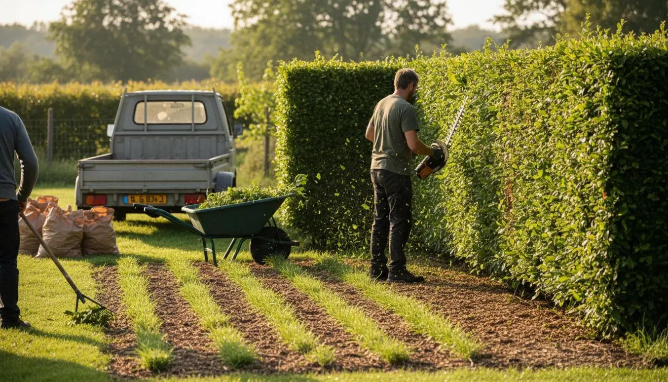 Håndværker trimmer en lang tre-sidet hæk mens ukrudt rives sammen og haveaffald samles til bortkørsel.