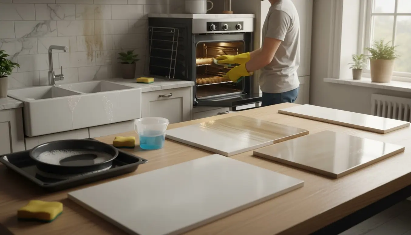 Hænder i handsker renser en åben ovn, bradepander ligger i sæbevand, og flere køkkenlåger tørres af i et lyst køkken.