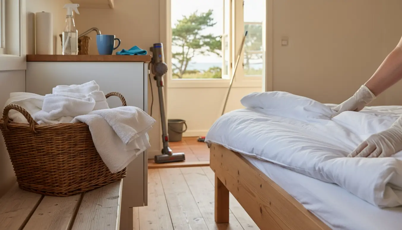 Lyst sommerhusinteriør med nystrøget sengetøj og rengøringsudstyr klar til udlejning.