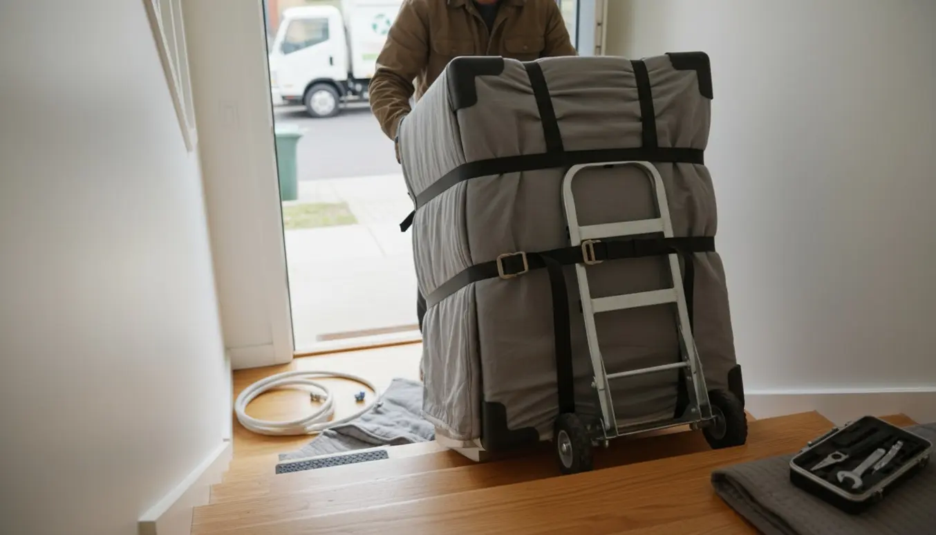 Vaskemaskine indpakket i flyttetæpper på en smal trappe, sikret på en trappevogn klar til bortfjernelse.