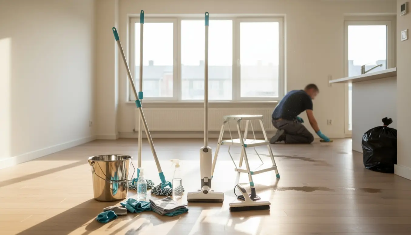 Tom lejlighed under slutrengøring med rengøringsudstyr på gulvet og en person set bagfra, der vasker lister.
