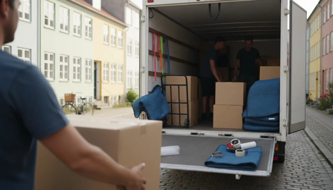 En hjælper aflæsser flyttekasser fra en åben flyttebil på en solrig sommerdag i København.