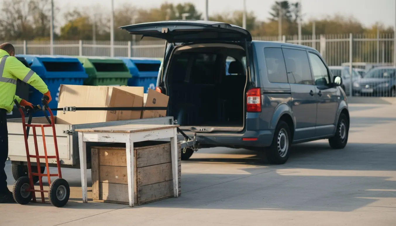 Varevogn læsses med et brugt bord, stor trækasse og sammenfoldet pap ved en genbrugsplads.