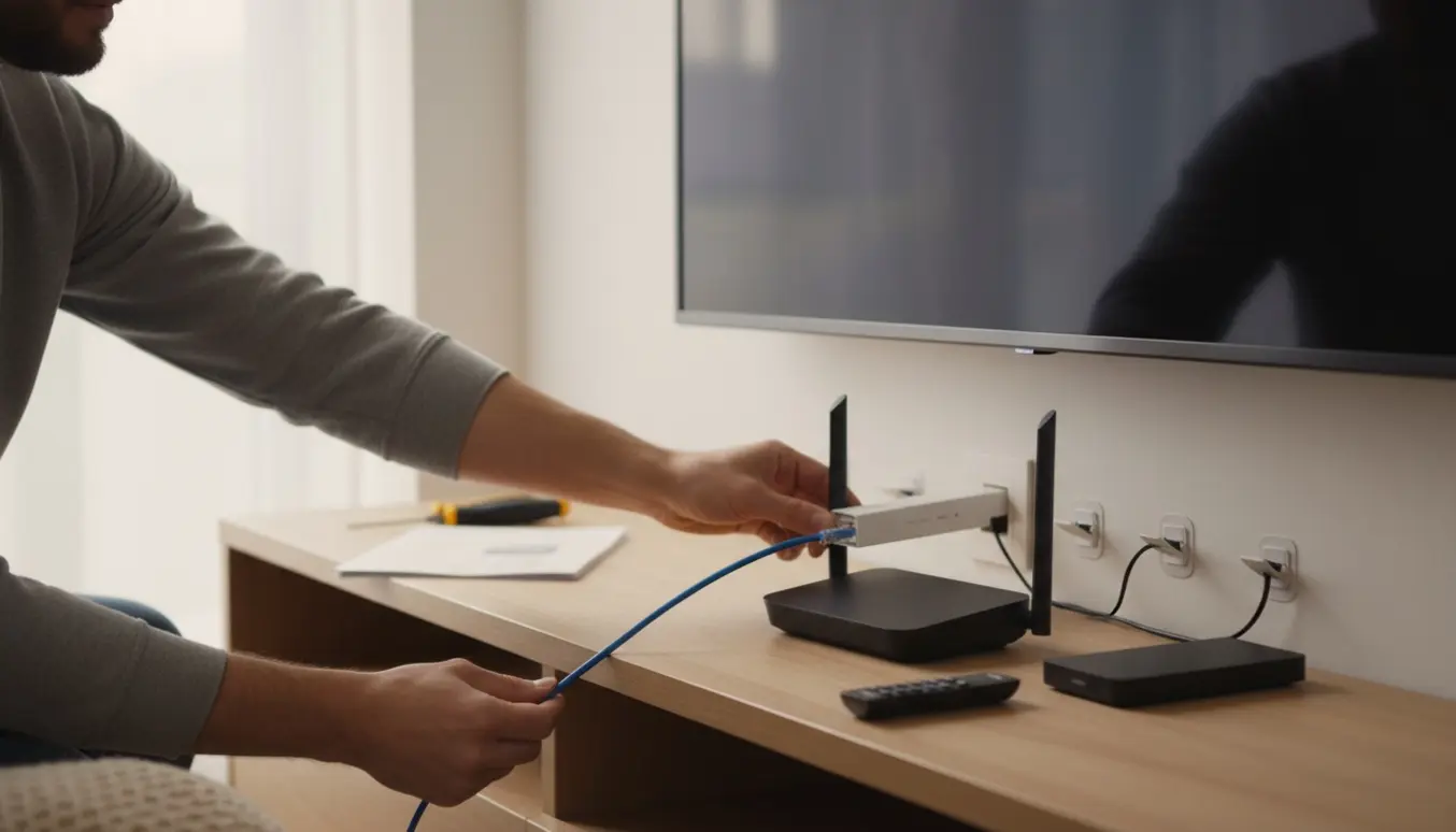 Hænder tilslutter fiber- og routerudstyr ved et tv i en moderne stue.