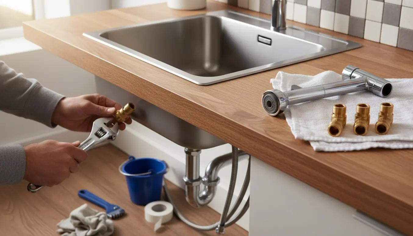 Hænder skifter balofix-ventiler under et køkkenvask med et nyt køkkenarmatur klar ved siden af.