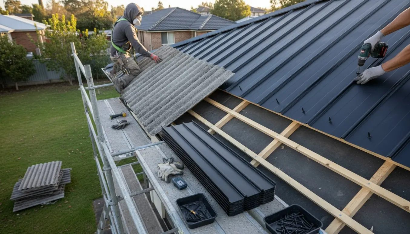 Udskiftning af eternittag med nye matte, sorte B7-plader på et hus med moderat hældning.