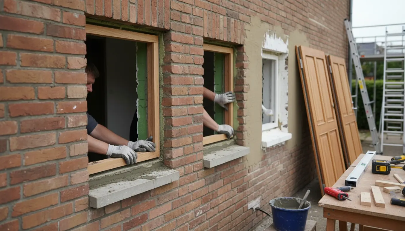 Udvendigt byggeri med to yderdøre og tre dannebrogsvinduer under montering med håndværktøj og ny puds.