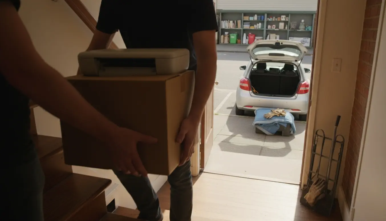 To personer bærer en kompakt printer ned ad en smal trappe mod en åben bil og genbrugspladsens genbrugsområde.