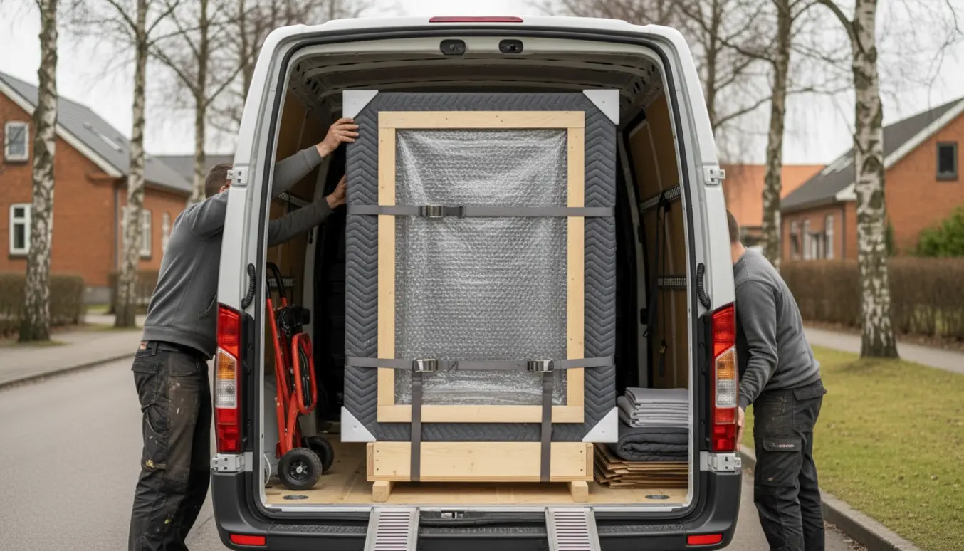 Et stort indrammet maleri pakket og læsset i en varebil klar til transport mellem danske byer.