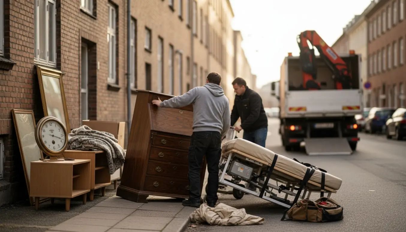 To personer læsser tunge møbler (chatol, elevationsseng, spejl og tv-bord) til storskrald ved fortovet.