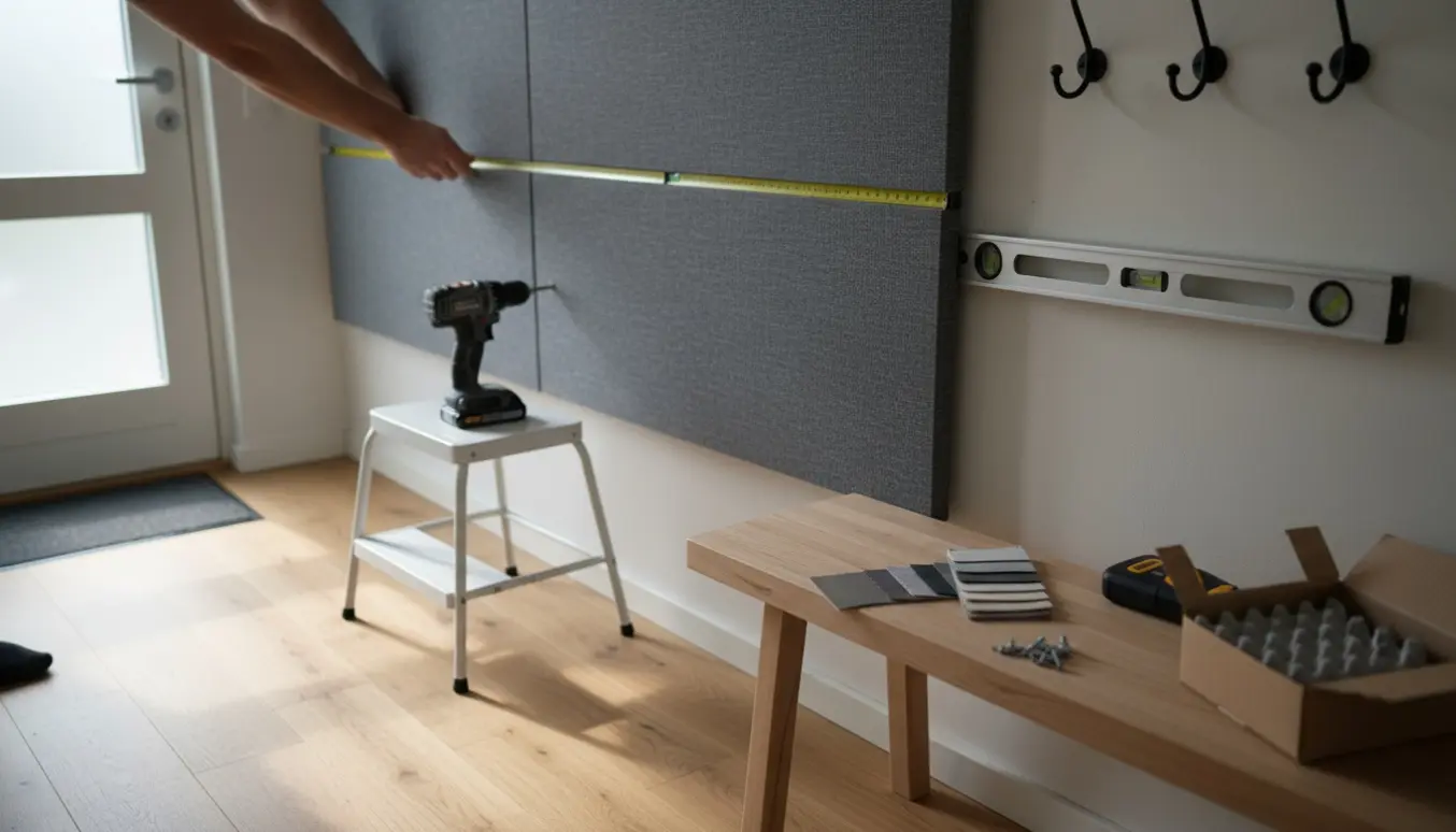 Et langt akustikpanel bliver målt op og hængt i en lys, skandinavisk entré med værktøj og farveprøver ved siden af.