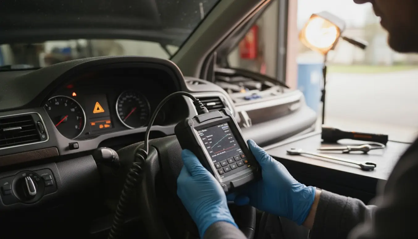 Mekanikers hænder holder en diagnose-tester foran en bils instrumentbræt med ESP-advarselslampe tændt.