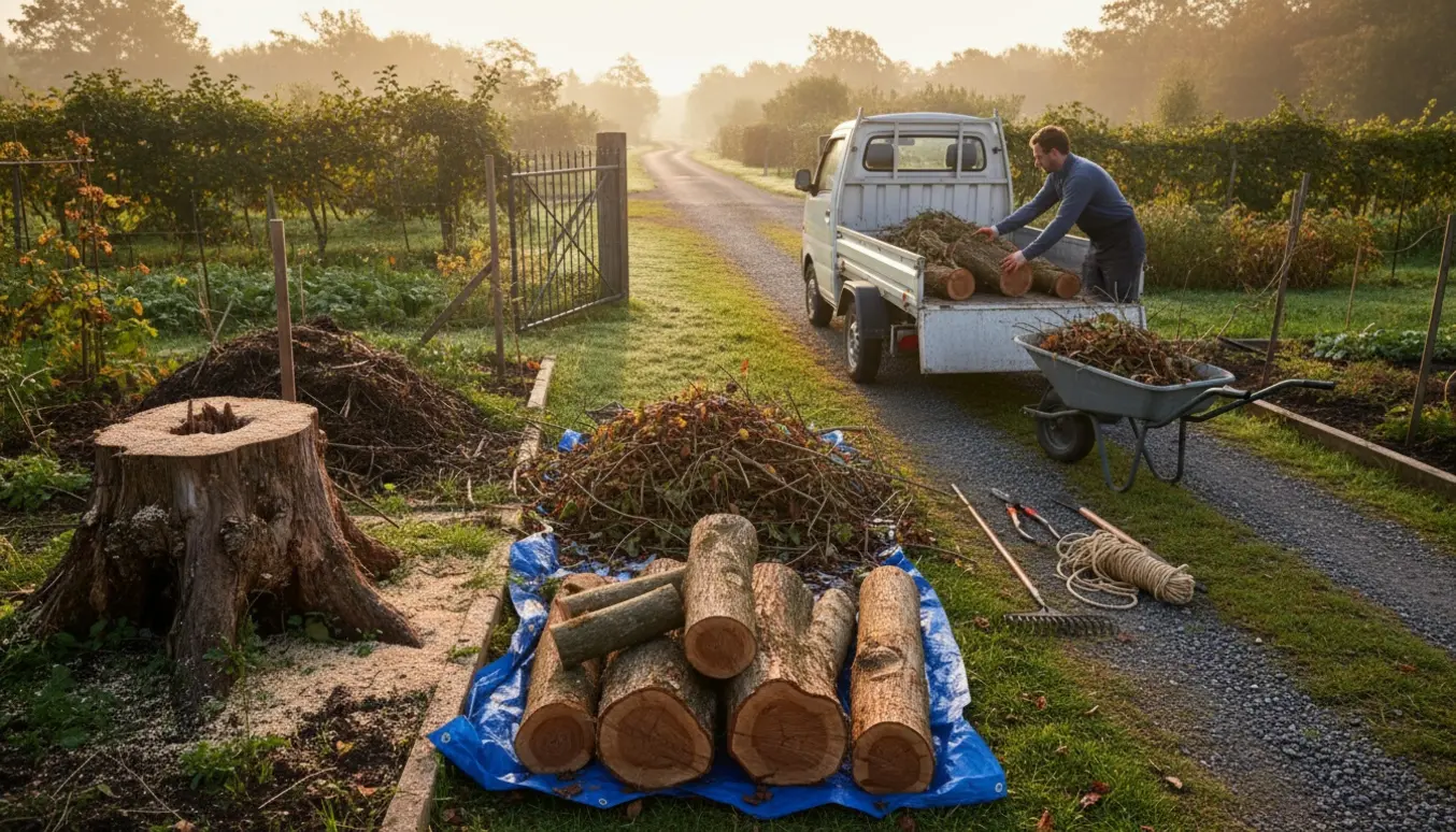 Oprydning af haveaffald og fjernelse af et nedbrudt træ i en kolonihave med stakke af træ, trillebør og åben vejadgang.