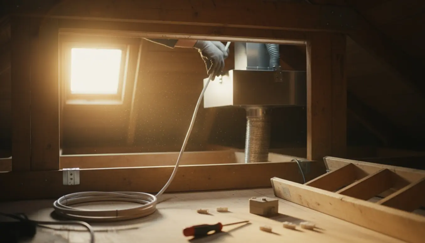 Hænder fører en strømledning gennem en åben loftlem mod en ny emhætte med ventilationsanlæg og værktøj i loftsrummet.