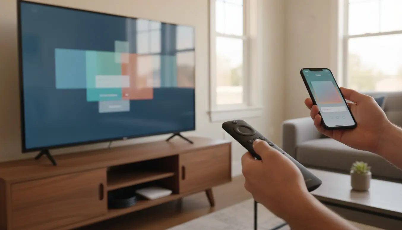 Hænder programmerer et 75 tommer fladskærms-tv med fjernbetjening og smartphone i en moderne stue.