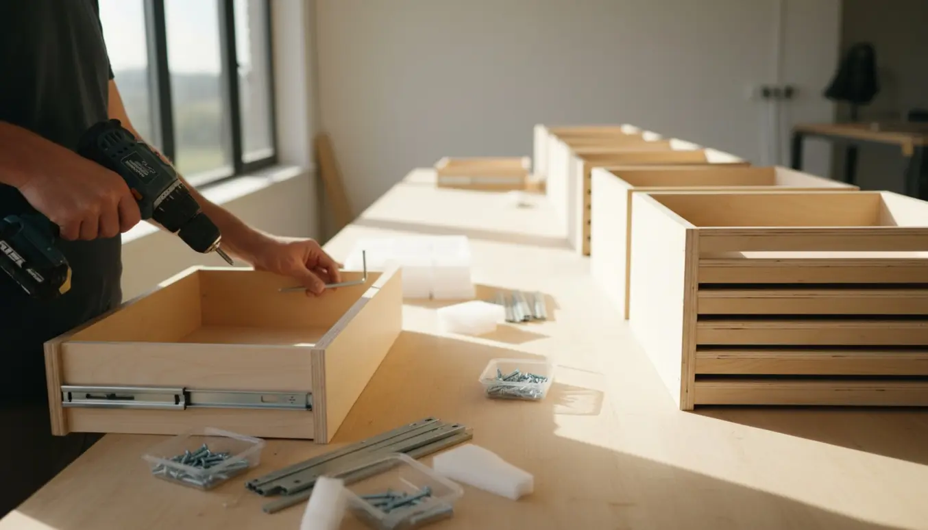 Hænder samler omkring 40 Ikea-skuffekasser uden fronter i et lyst værksted.
