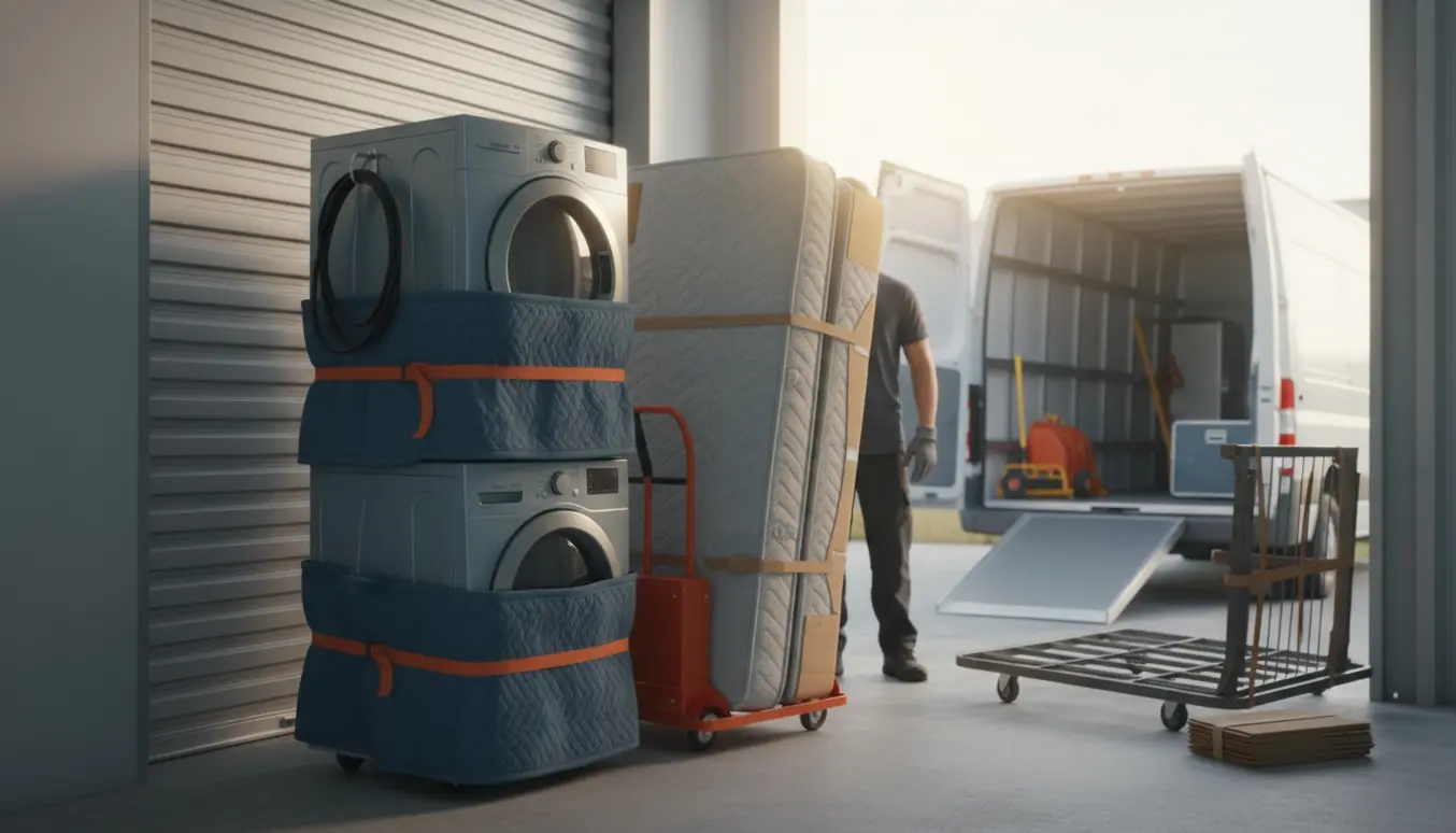 Vaskemaskine og tørretumbler på en flyttevogn og en indpakket seng ved indgangen til et depotrum.