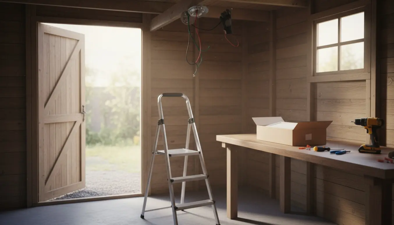 Hænder udskifter loftslampen i et træskur med værktøj og en ny lampe på et arbejdsbord.