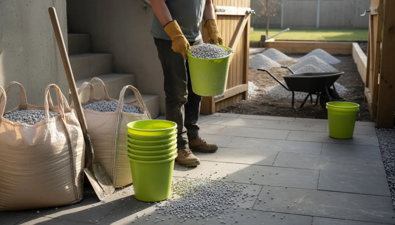 To personer flytter granitskærver med murerspande gennem en kældertrappe fra forhave til baghave.