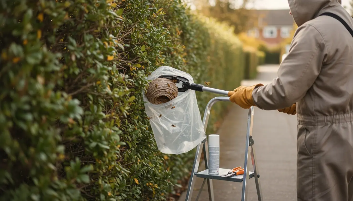 Beskyttet person fjerner et aktivt hvepsebo øverst i en tjørnehæk ved fortovet.