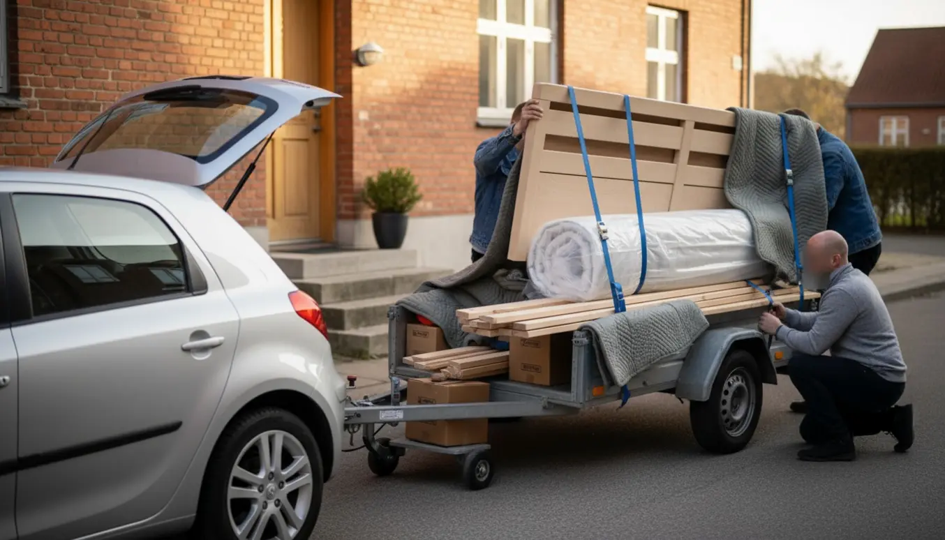 Adskilt IKEA-lignende seng pakket og læsset i en trailer foran en stueetagelejlighed.