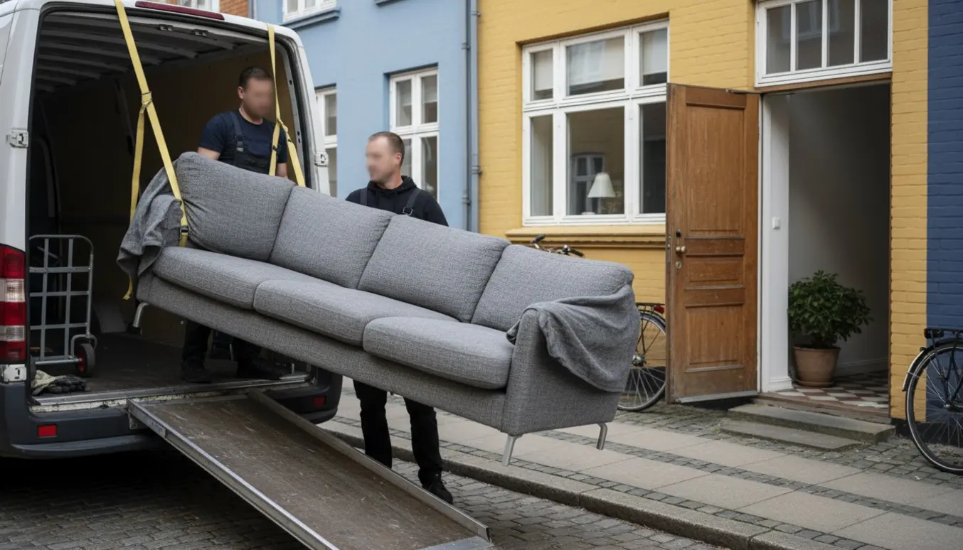 Trepersoners sofa bæres fra en flyttebil ind gennem døren til et dansk hus.