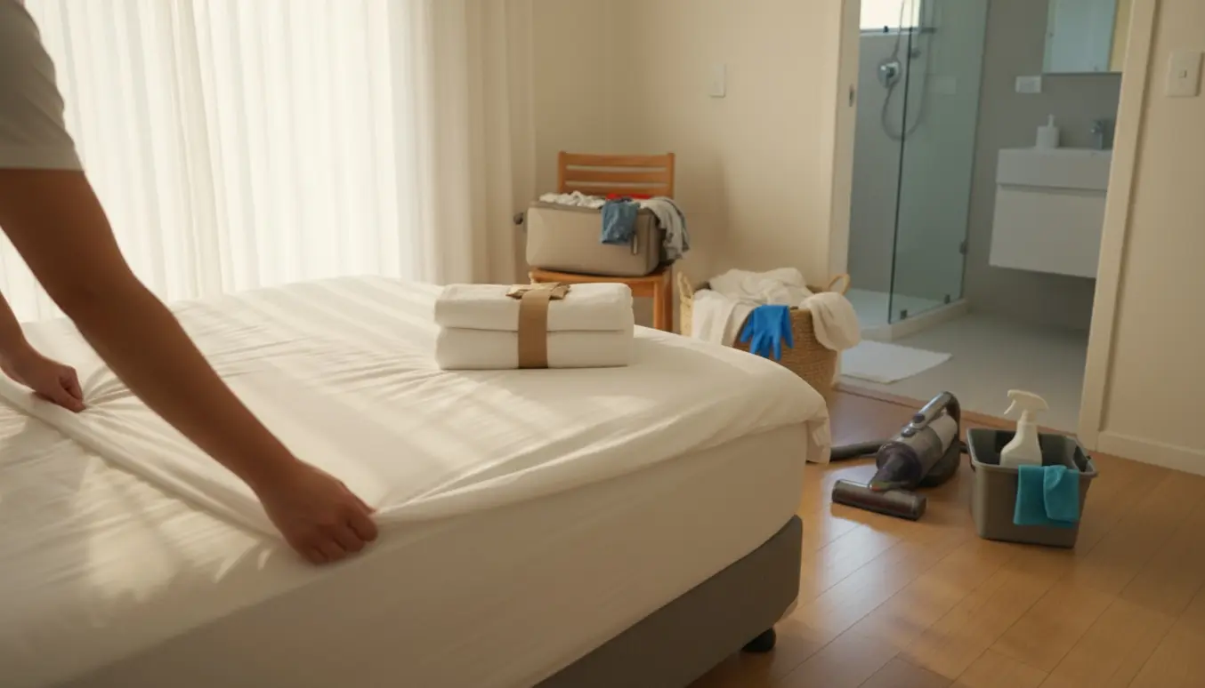 Hænder retter friskt sengetøj og placerer foldede håndklæder på en Airbnb-seng med rengøringsudstyr i baggrunden.