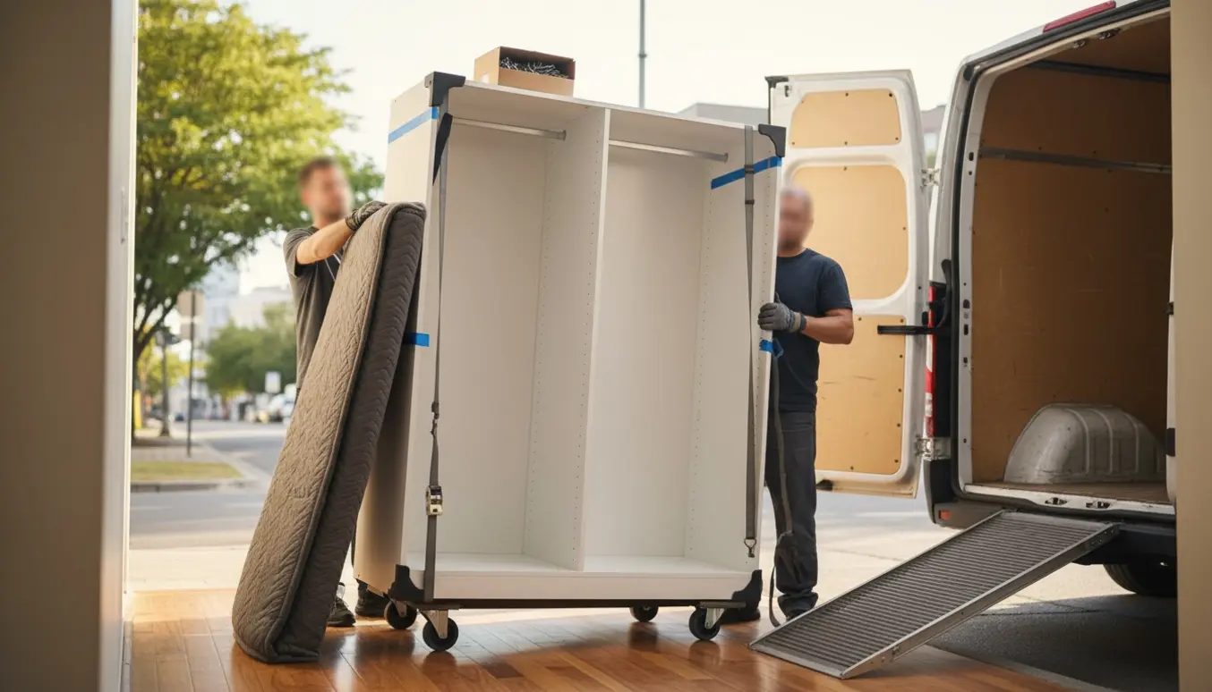 To flyttemænd læsser et dobbelt hvidt skab ind i en flyttevogn med dolly og flyttetæpper.