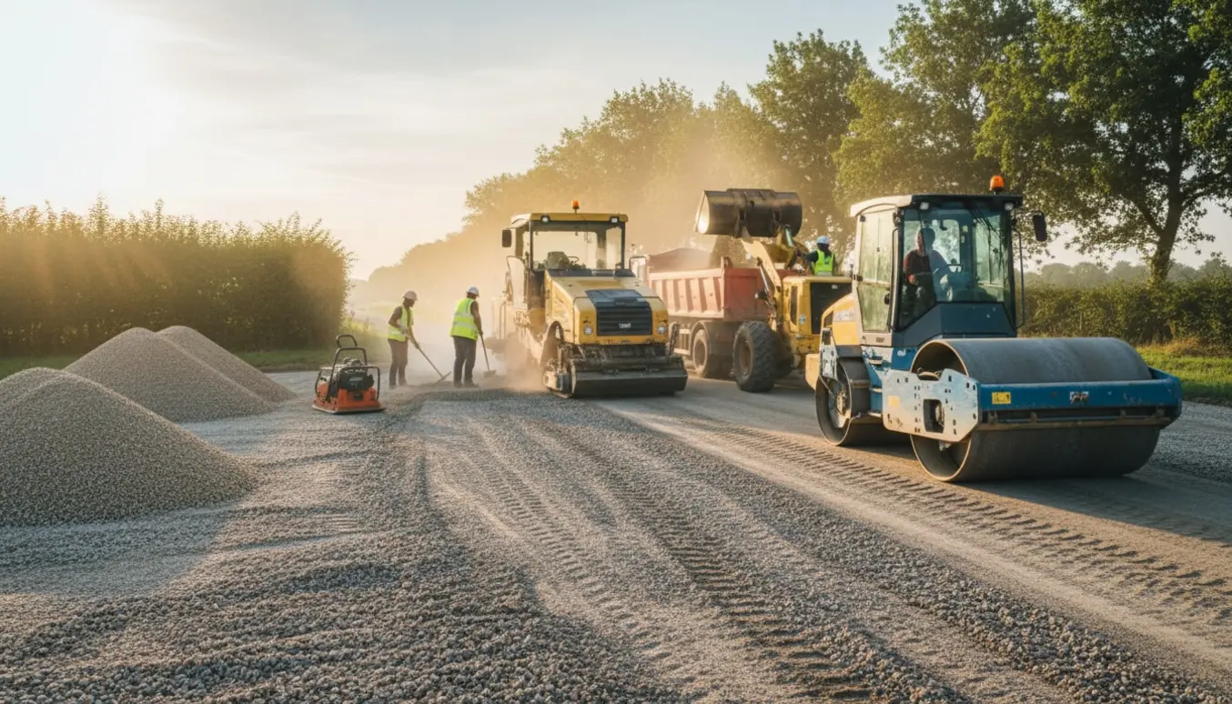 Renovering af en landlig grusvej med maskiner og ny grusbelægning ved en parkeringsplads.