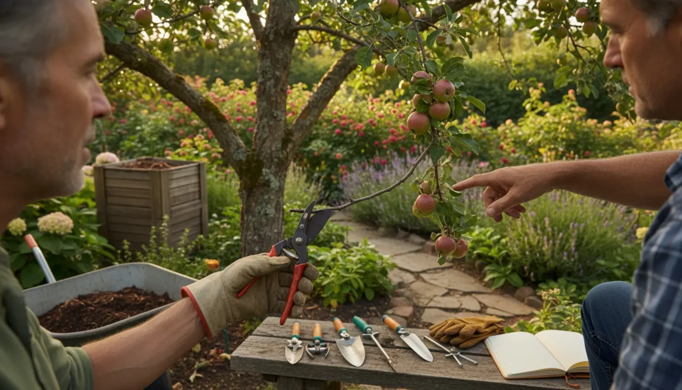 Havekonsulent viser beskæring af et ældre frugttræ i en solbelyst have med bærbuske og staudebede.