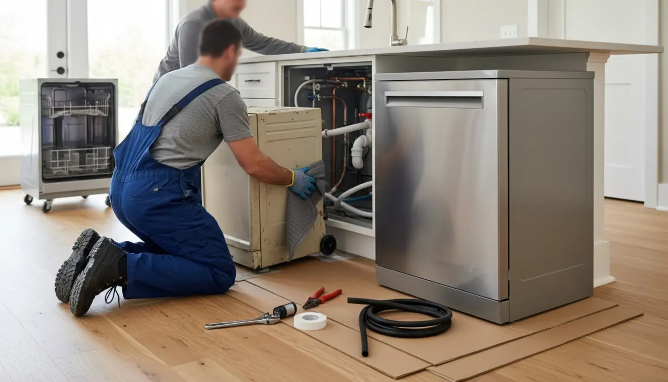 En VVS’er og en hjælper trækker en gammel opvaskemaskine ud i et lyst køkken, mens en ny rustfri maskine og værktøj ligger klar til montering.